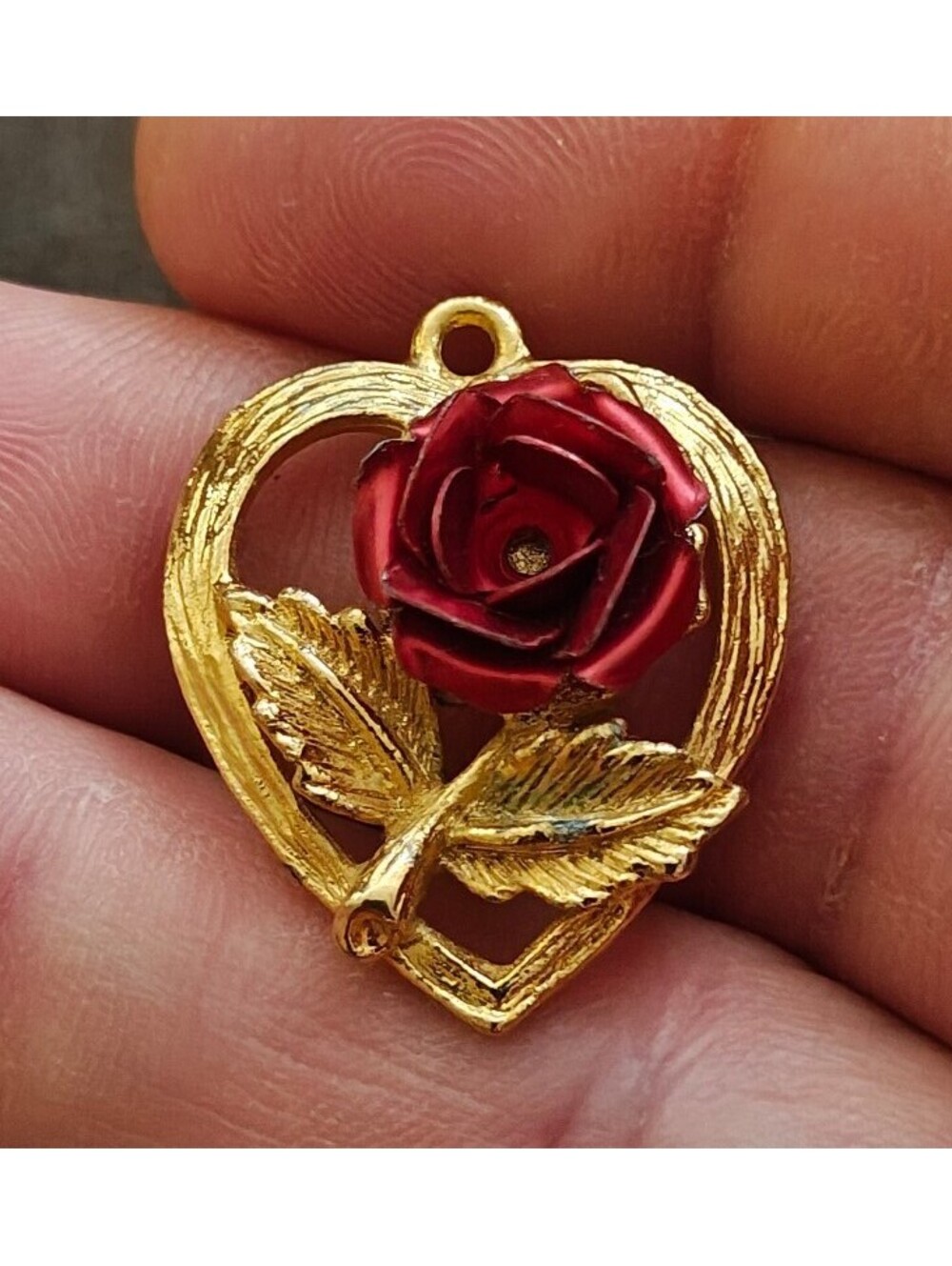 1970s/80s Gold Tone Heart & Red Rose Pendant Charm